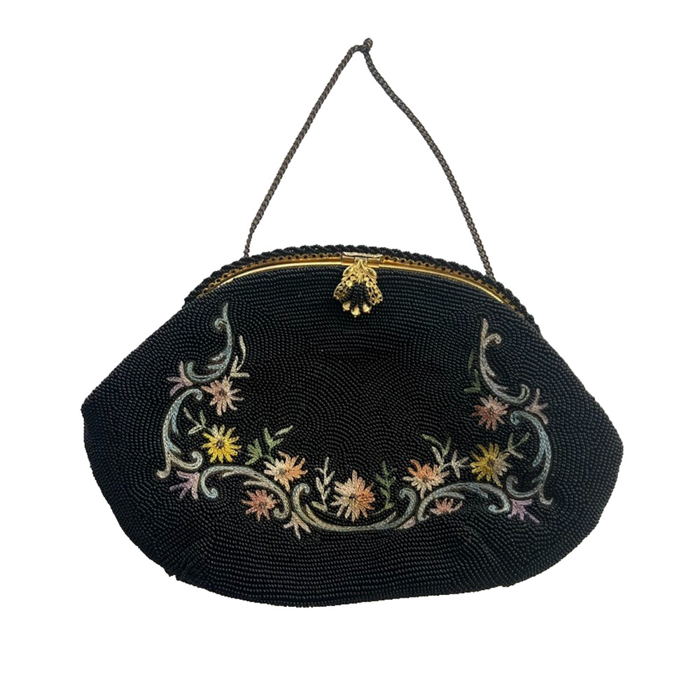 Vintage 30s to 40's French Black Beaded Silk Embroidered Evening Purse Handmade